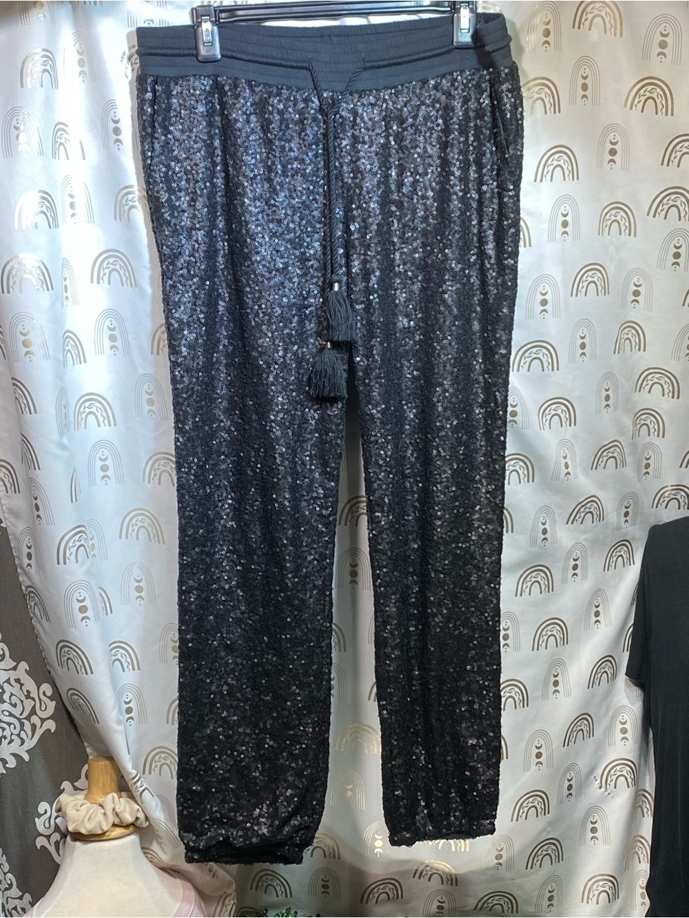 Amuse Society Black Sequin Tassel Drawstring Joggers